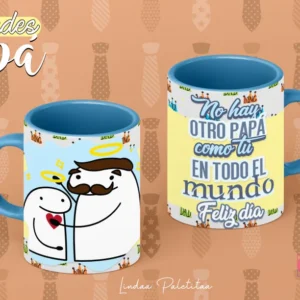 Plantilla Flork para sublimar taza del Día del Padre: Flork abrazando a su papá con halos, y mensaje 'No hay otro papá como tú en todo el mundo'. Tazas con asa azul.