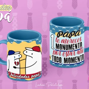 Plantilla Flork para sublimar taza del Día del Padre: Dos Florks, uno consolando a otro con corazón roto, y la frase 'Papá te mereces 1 monumento por estar ahí todo momento'. Tazas con asa azul.