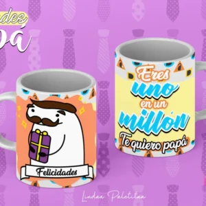 Plantilla Flork para sublimar taza del Día del Padre: Flork con bigote entregando un regalo y frase 'Eres uno en un millón, te quiero papá'. Tazas con asa blanca.