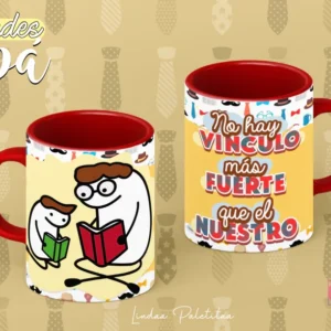 Plantilla Flork para sublimar taza del Día del Padre: Flork y su hijo leyendo un libro, con la frase 'No hay vínculo más fuerte que el nuestro'. Tazas con asa roja.
