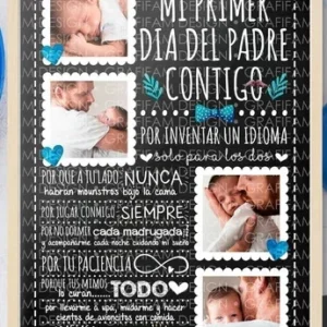 Plantilla editable PPT Día del Padre estilo pizarra con mensaje 'Mi Primer Día del Padre Contigo' y fotos de padre con bebé, con frases que describen las primeras experiencias.