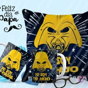 Tazas y cojín de sublimación negros con diseño de Darth Vader con chupete y la frase 'Yo soy tu hijo' al estilo Star Wars.