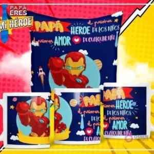 Mockup de pack plantillas sublimación Día del Padre con diseño de Iron Man. Cojín y dos tazas mostrando al superhéroe con la frase 'Papá, héroe de los niños, el primer amor de cualquier niña' sobre fondo azul.