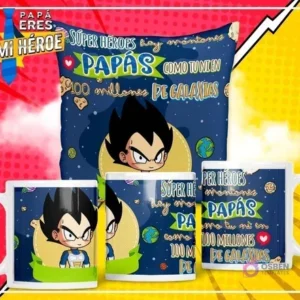 Mockup de pack plantillas sublimación Día del Padre con diseño de Vegeta. Cojín y dos tazas con el personaje y la frase 'Superhéroes hay montones, Papás como tú ni en 100 millones de galaxias' sobre fondo azul espacial.