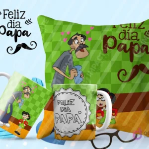 Tazas y cojín de sublimación verdes a cuadros con diseño de Don Ramón del Chavo del 8 y la frase 'Feliz día Papá'.