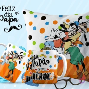 Tazas y cojín de sublimación blancos con puntos de colores, diseño de Goofy y Max y la frase 'Mi Papá es mi Héroe'.