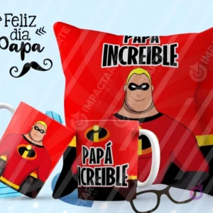 Tazas y cojín de sublimación rojos con diseño de Mr. Increíble y la frase 'Papá Increíble' para el Día del Padre.