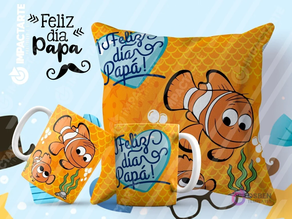 Tazas y cojín de sublimación naranjas con diseño de Nemo y la frase 'Feliz día Papá!' bajo el agua. Tazas y cojín de sublimación naranjas con diseño de Nemo y la frase 'Feliz día Papá!' bajo el agua.