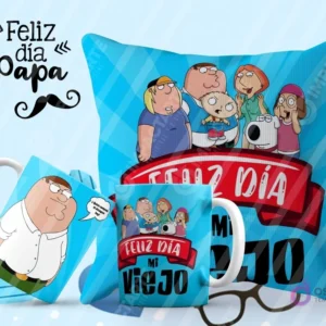 Tazas y cojín de sublimación azules con diseño de la familia Griffin de Padre de Familia y la frase 'Feliz Día Mi Viejo'.