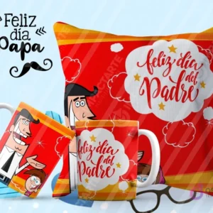 Tazas y cojín de sublimación rojos con diseño de Los Padrinos Mágicos (Cosmo y Wanda con Timmy) y la frase 'Feliz día del Padre'.