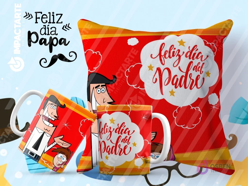 Tazas y cojín de sublimación rojos con diseño de Los Padrinos Mágicos (Cosmo y Wanda con Timmy) y la frase 'Feliz día del Padre'. Tazas y cojín de sublimación rojos con diseño de Los Padrinos Mágicos (Cosmo y Wanda con Timmy) y la frase 'Feliz día del Padre'.