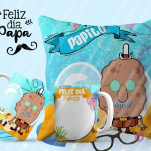Tazas y cojín de sublimación celestes con diseño de Patricio Estrella como Papito y la frase 'Feliz Día Papito' para el Día del Padre.