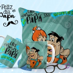 Tazas y cojín de sublimación verdes/azules con diseño de Los Picapiedra (Pedro y Pebbles) y la frase 'Eres el mejor papá del universo'.