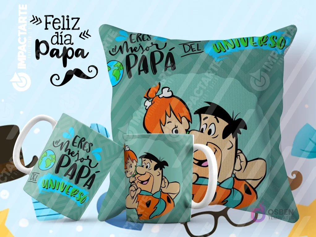Tazas y cojín de sublimación verdes/azules con diseño de Los Picapiedra (Pedro y Pebbles) y la frase 'Eres el mejor papá del universo'. Tazas y cojín de sublimación verdes/azules con diseño de Los Picapiedra (Pedro y Pebbles) y la frase 'Eres el mejor papá del universo'.