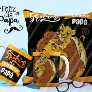 Tazas y cojín de sublimación con diseño del Rey León (Mufasa y Simba) y la frase 'Gracias por tu ejemplo papá'.