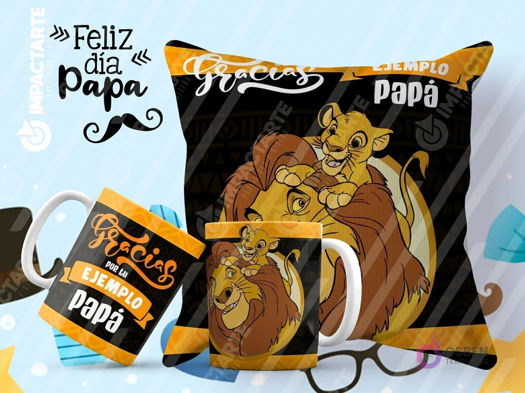 Tazas y cojín de sublimación con diseño del Rey León (Mufasa y Simba) y la frase 'Gracias por tu ejemplo papá'. Tazas y cojín de sublimación con diseño del Rey León (Mufasa y Simba) y la frase 'Gracias por tu ejemplo papá'.