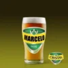 Shopero de cerveza con diseño personalizado 'Marcelo Padre' estilo Cerveza Cristal, sobre fondo verde oscuro.