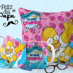 Tazas y cojín de sublimación rosas con diseño de Homero Simpson, Bart y donas, con la frase humorística 'Gracias Papá por no usar condón'.