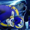 Plantilla sublimación Sonic moderno en cojín y tazas, con círculo de estrellas amarillo, fondo oscuro con rayos y Sonic sombrío.
