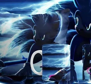 Plantilla sublimación Sonic a alta velocidad con efecto de ráfaga azul en cojín y tazas, fondo oscuro con rayos y Sonic sombrío.