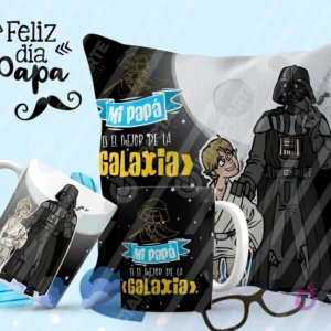 Tazas y cojín de sublimación oscuros con diseño de Darth Vader y Luke Skywalker de Star Wars, con la frase 'Mi papá es el mejor de la galaxia'.