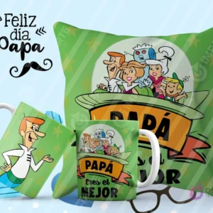 Tazas y cojín de sublimación verdes con diseño de Los Supersónicos y la frase 'Papá eres el mejor' para el Día del Padre.