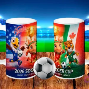 Dos tarros cerveceros blancos sublimados con diseños '2026 Soccer Cup' con banderas de USA, Canadá y México, junto a las mascotas oficiales del Mundial, sobre un fondo de estadio