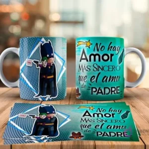 Tazas sublimadas Día del Padre con diseño de Batman abrazando a un Joker bebé y frase No hay amor más sincero que el amor de Padre. Incluye plantilla de sublimación.