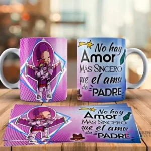 Tazas sublimadas Día del Padre con diseño de Buzz Lightyear de Toy Story abrazando a un Alien bebé y frase No hay amor más sincero que el amor de Padre. Incluye plantilla de sublimación.