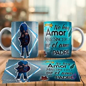 Tazas sublimadas Día del Padre con diseño de Capitán América padre abrazando a Capitán América bebé y frase No hay amor más sincero que el amor de Padre. Incluye plantilla de sublimación.