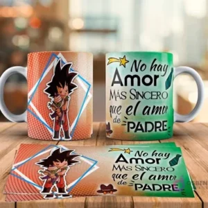 Tazas sublimadas Día del Padre con diseño de Goku padre abrazando a Goku bebé de Dragon Ball Z y frase No hay amor más sincero que el amor de Padre. Incluye plantilla de sublimación.