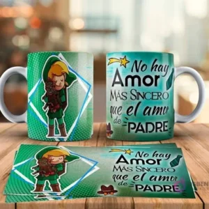Tazas sublimadas Día del Padre con diseño de Link de Zelda abrazando a una criatura del bosque versión bebé y frase No hay amor más sincero que el amor de Padre. Incluye plantilla de sublimación.