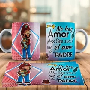 Tazas sublimadas Día del Padre con diseño de Mario de Super Mario Bros abrazando a Yoshi bebé y frase No hay amor más sincero que el amor de Padre. Incluye plantilla de sublimación.