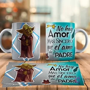 Tazas sublimadas Día del Padre con diseño de Yoda abrazando a Grogu (Baby Yoda) de Star Wars y frase No hay amor más sincero que el amor de Padre. Incluye plantilla de sublimación.