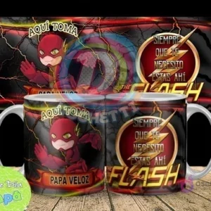 Mockup de dos tazas sublimadas con diseño de Flash, una dice 'Aquí Toma Papá Veloz' y la otra 'Siempre Que Te Necesito Estás Ahí The Flash'. El fondo oscuro con rayos rojos y amarillos, junto a una pancarta superior, complementa el diseño.