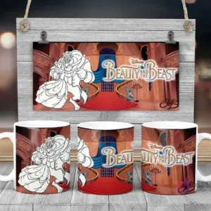 Plantilla sublimación taza infantil Disney La Bella y la Bestia con Bella y Bestia bailando para pintar, salón de baile y logo Beauty and the Beast