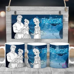 Plantilla sublimación taza infantil Disney Frozen con Anna y Elsa para pintar, paisaje invernal y logo Frozen