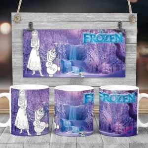 Plantilla sublimación taza infantil Disney Frozen con Elsa y Olaf para pintar, paisaje invernal morado y logo Frozen