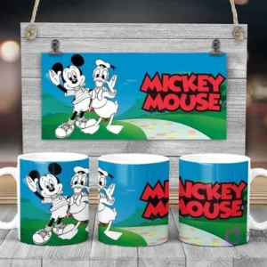 Plantilla sublimación taza infantil Disney Mickey Mouse y Donald Duck para pintar, fondo azul campestre y logo Mickey Mouse