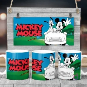 Plantilla sublimación taza infantil Disney Mickey Mouse y Pluto para pintar en coche, fondo azul y logo Mickey Mouse