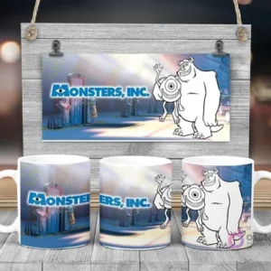 Plantilla sublimación taza infantil Disney Monsters Inc. con Sulley y Mike Wazowski para pintar, fondo de fábrica y logo Monsters Inc.