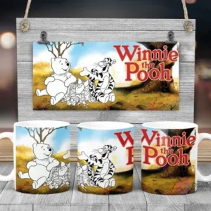 Plantilla sublimación taza infantil Disney Winnie the Pooh y Tigger para pintar, fondo de bosque otoñal y logo Winnie the Pooh