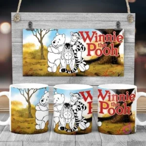 Plantilla sublimación taza infantil Disney Winnie the Pooh, Tigger y Eeyore para pintar, fondo de bosque otoñal y logo Winnie the Pooh