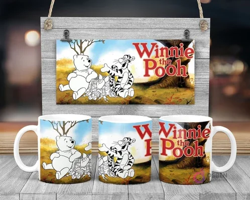 Plantilla sublimación taza infantil Disney Winnie the Pooh y Tigger para pintar, fondo de bosque otoñal y logo Winnie the Pooh Plantilla sublimación taza infantil Disney Winnie the Pooh y Tigger para pintar, fondo de bosque otoñal y logo Winnie the Pooh