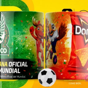 Par de tazas blancas sublimadas con diseños de Doritos Nacho Cheese y las mascotas del Mundial 2026, con un fondo amarillo que simula un campo de fútbol y una pelota en primer plano