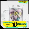 Mug blanco con diseño de sublimación 3D inflado de Hey Arnold y Helga tomados de la mano dentro de un corazón rosa, con texto promocional sobre envío inmediato y formato PNG.