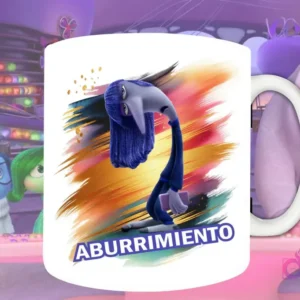 Plantilla de sublimación para taza con Aburrimiento de Intensamente 2, diseño PNG del personaje lánguido azul con fondo artístico azul y dorado.