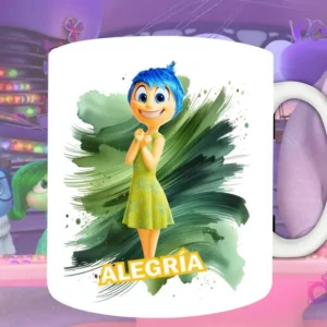 Plantilla de sublimación para taza con Alegría de Intensamente 2, diseño PNG amarillo con expresión feliz y fondo artístico verde y dorado.
