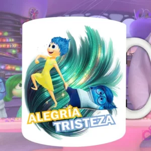 Plantilla de sublimación para taza con Alegría arrastrando a Tristeza de Intensamente 2, diseño PNG con fondo artístico azul y verde brillante.