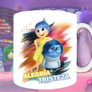 Plantilla de sublimación para taza con Alegría y Tristeza de Intensamente 2 juntas, diseño PNG con fondo artístico dorado y azul.